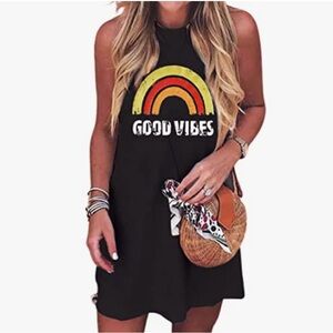 Good Vibes Heather Grey Sleeveless Dress with Distressed Rainbow Print
